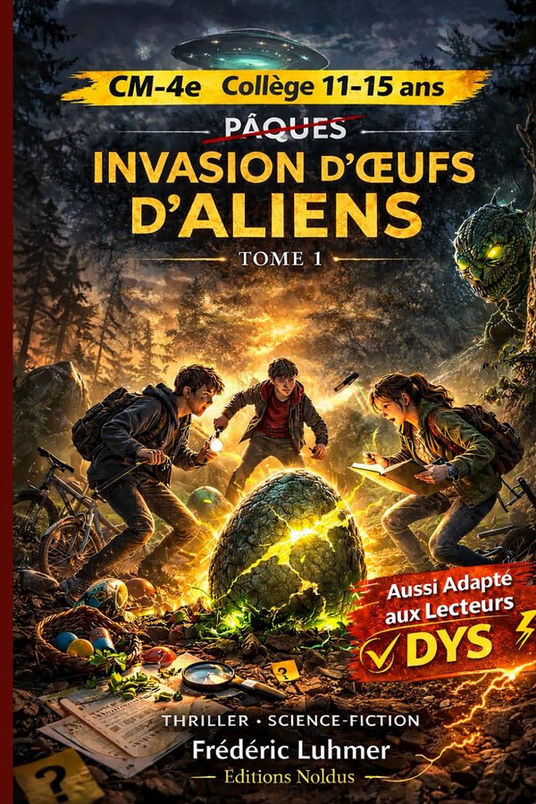Thriller Science fiction Invasion d' oeufs d' aliens tome 1 pas de pâques aussi adapté aux lecteurs Dyslexiques: CM2 6e 5e 4e Collège 11 12 13 14 15 ans DYS - Editions Noldus | Livr'ToK