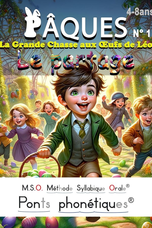 Pâques N°1  La Grande Chasse aux Œufs de Léo - MSO Méthode Syllabique Orale avec ponts phonétiques livre enfant 4 5 6 7 8 ans Le partage - Pour apprendre à lire - Adapté pour les enfants dyslexiques - Frédéric Luhmer | Livr'ToK